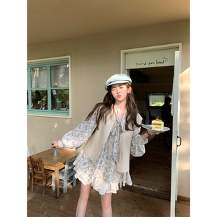 FF BLUE早见花音 全棉森系碎花衬衫高腰蛋糕裙小个子气质甜美套装