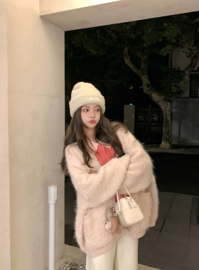 FF BLUE 粉椰奶杏 3色羊驼毛宽松休闲针织开衫慵懒风V领毛衣外套