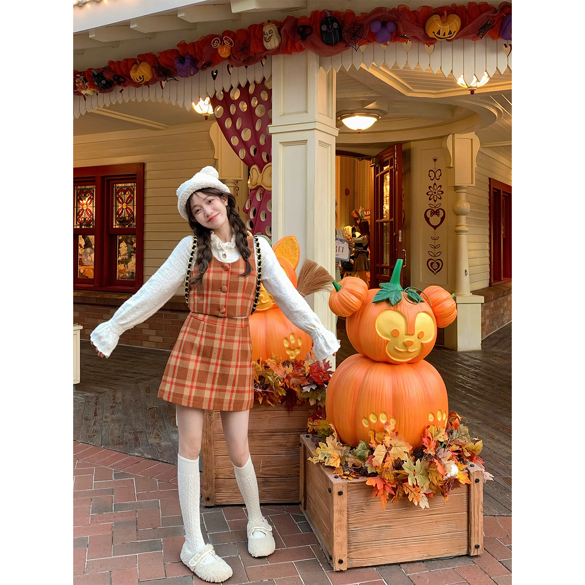 FFBLUE复古格纹背心套装