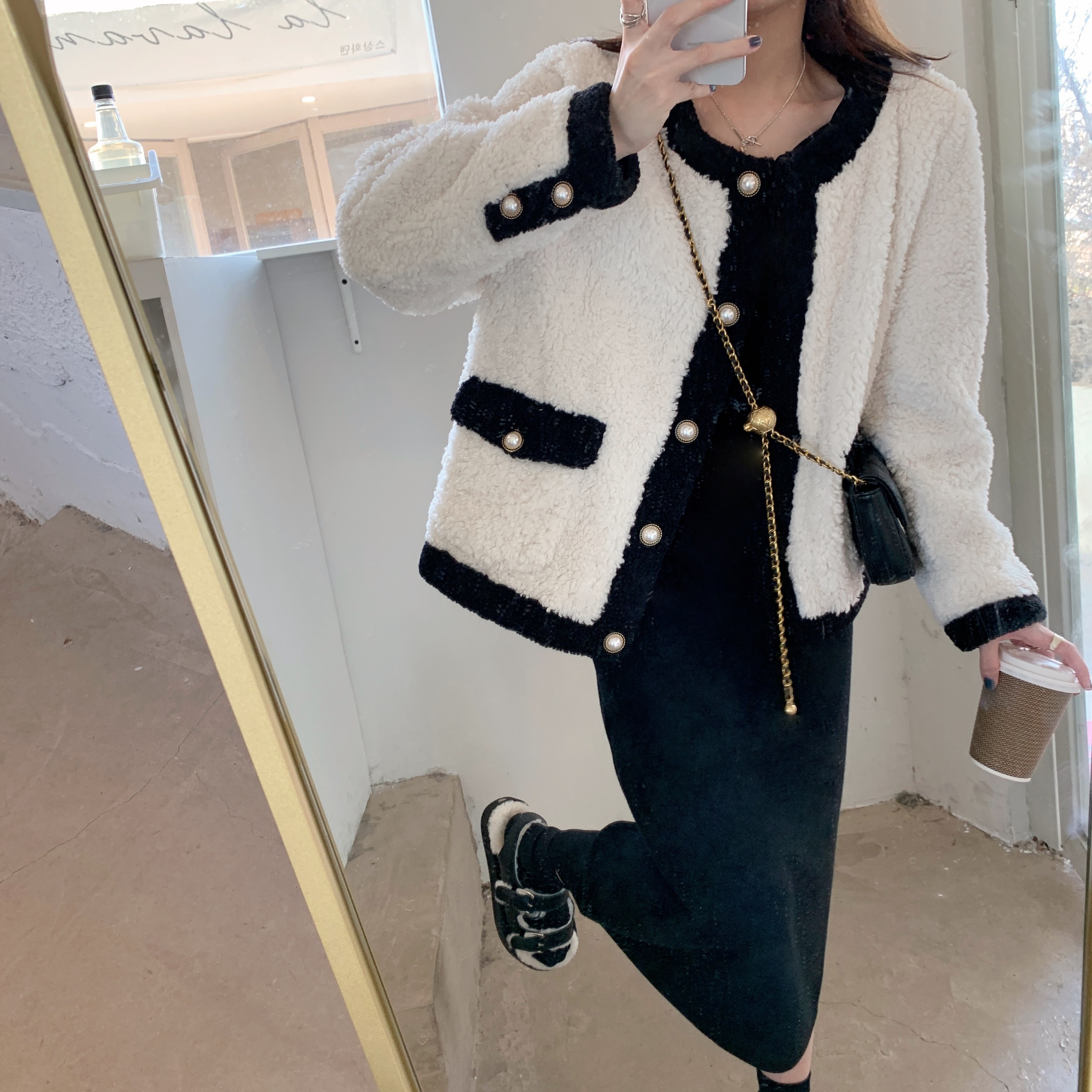外套黑白外套羊羔毛小香