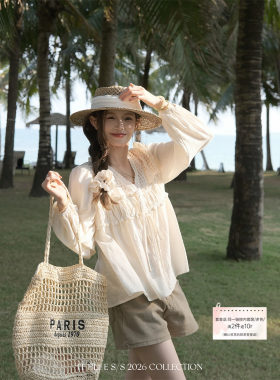 FFBLUE仿亚麻衬衫系带花边上衣