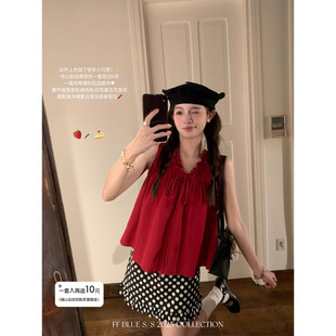 风琴褶花边娃娃衫 纯棉2色v领无袖 失心热恋 背心上衣半裙 BLUE