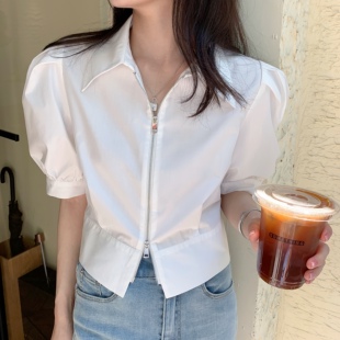 衬衫 清爽简约双头拉链百万剪裁短款 波子汽水 女白色上衣 BLUE