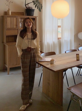 饭小队 咖色/格纹 垂顺质感通勤直腿韩版高腰长裤西装裤