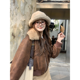 BLUE 复古上衣冬季 丝绒摩卡 外套美式 小个子 毛毛翻领夹棉短款