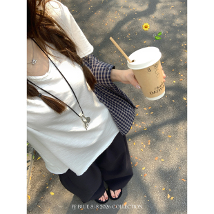 100棉2色V领百搭T恤慵懒早春炒旧磨边简约上衣 妮味穿搭 BLUE