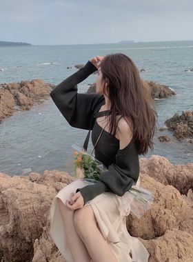 FFBLUE 人鱼小姐 茶艺心机飘带松墨绿针织开衫吊带