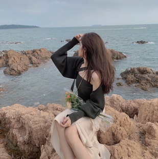 吊带 茶艺心机飘带松墨绿针织开衫 FFBLUE 人鱼小姐