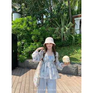 刺绣碎花收腰雪纺罩衫 70莱赛尔80棉 夏日花语 吊带 BLUE