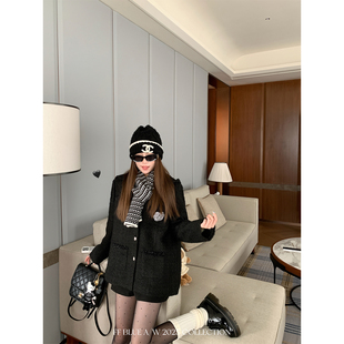 贵气暗格纹亮丝小香风气质连帽外套女百搭秋冬 黑金小香 BLUE