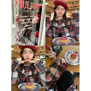 2色55羊毛连帽牛角扣大衣学院风毛呢外套秋冬 美高放学后 BLUE