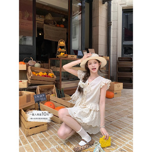 FF BLUE 巴吉纳少女 纯棉提花全棉小飞袖花边上衣双层蛋糕裙套装