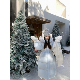 纯棉长款 凛冬恋雪 收腰连帽毛领羽绒服冬季 新款 外套 韩版 BLUE