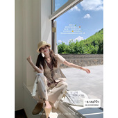 慵懒套装 纯棉格纹拼接假两件上衣亚麻刺绣直筒裤 BLUE月见草芽