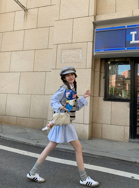 FF BLUE 美高少女 韩妹蓝色条纹衬衫A字学院风显瘦百褶半裙套装女