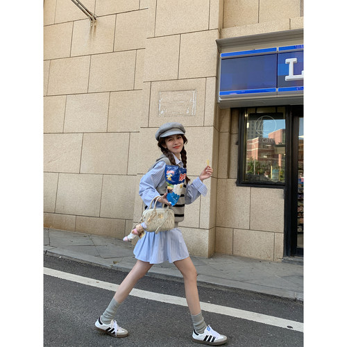 FFBLUE蓝色条纹套装条纹学院风