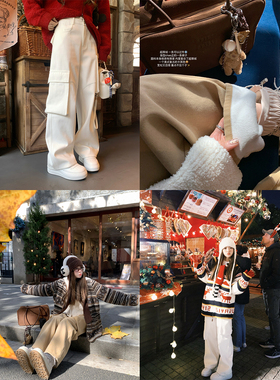 FF BLUE 放氧自由诗 2色纯棉加绒大口袋休闲工装裤宽松直筒裤子女