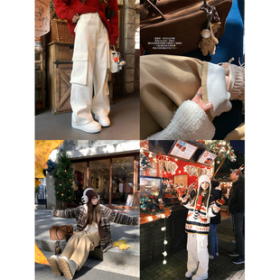 BLUE 宽松直筒裤 放氧自由诗 裤 子女 2色纯棉加绒大口袋休闲工装