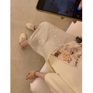 人鱼姬亮片直筒裙设计感百搭显瘦开叉半身裙夏 都会星空 BLUE