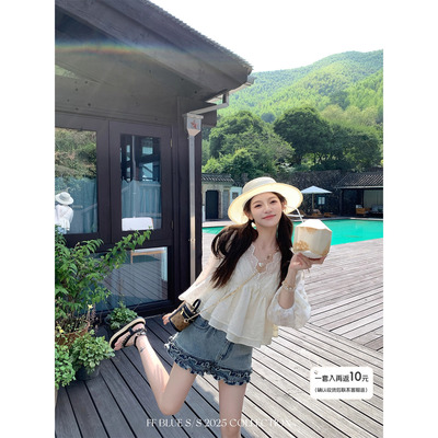 FFBLUE刺绣泡泡袖上衣牛仔短裤