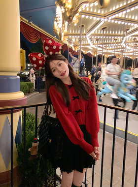 FF BLUE 秋日倒叙诗 蝴蝶结氛围感红色毛衣女显瘦百褶裙减龄套装