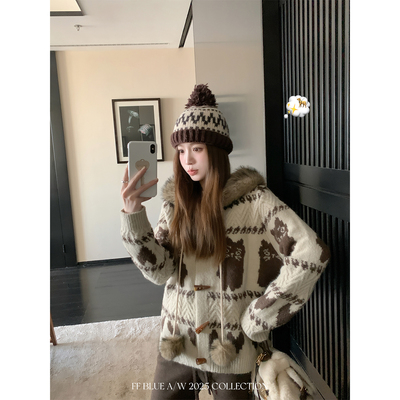 FFBLUE毛领牛角扣毛衣外套女冬