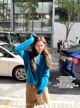 FF BLUE 宝石克莱茵 3色100羊毛拉毛暖绒百搭温柔圆领毛衣针织衫