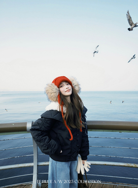 FF BLUE 飞行员日记 防水防风防静电翻领羊羔毛拼接140夹棉棉服女