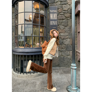 显腿长直筒休闲裤 98棉两色复古灯芯绒微喇裤 绒绒暖茶 女 BLUE