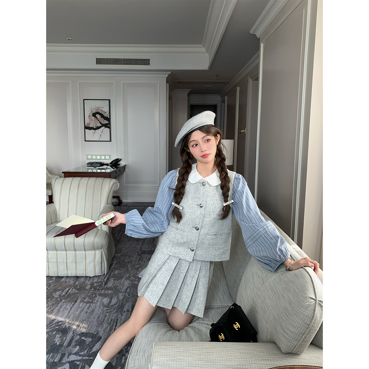 FF BLUE 雾灰河畔 50羊毛千金格雷系女孩马甲高腰浅灰色半裙套装,女装/女士精品,时尚套装,淘宝优惠券,粉丝福利购,淘宝优惠卷