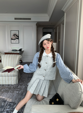 FF BLUE 雾灰河畔 50羊毛千金格雷系女孩马甲高腰浅灰色半裙套装