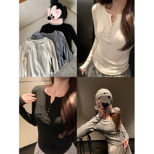 BLUE 内搭上衣打底衫 诺丁山下 基础款 休闲百搭V领收腰Tee秋季