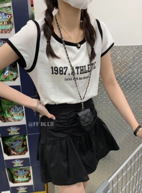 FF BLUE 第一眼就心动的美式复古黑色边边设计感修身少女字母短袖