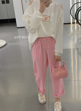FF BLUE人间芭比 甜妹专属粉色格纹宽松高腰直筒休闲裤女夏季薄款