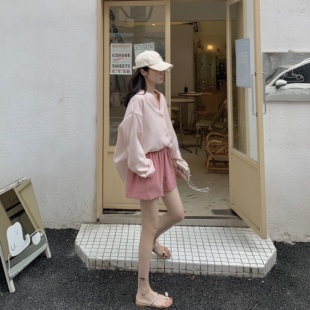 BLUE 女宽松高腰休闲裤 显瘦 短裤 夏 垂顺百搭不易皱西装