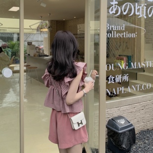 荷叶边设计感小上衣女夏季 气少女感褶皱小飞袖 元 BLUE牛仔格纹