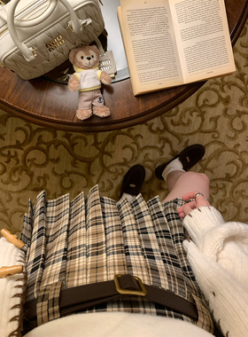 FF BLUE 咖啡泰迪 复古棕色格纹A字百褶裙经典英伦学院风短款半裙