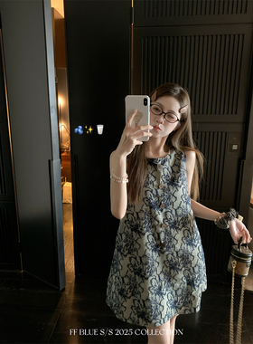 FF BLUE 江南绿松 自带清冷感新中式水墨连衣裙复古高级A字背心裙