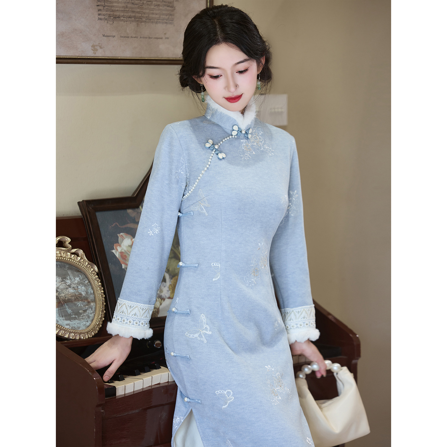 秋冬新款长袖旗袍新中式加绒加厚温柔高级改良年轻女蓝色日常穿