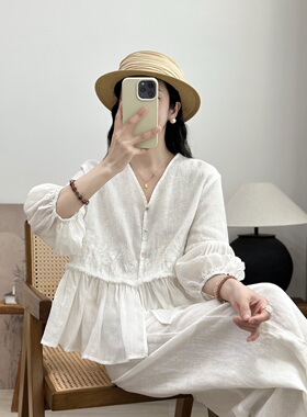2026新款高品质亚麻刺绣衬衫女夏季新款休闲甜美减龄文艺气质上衣