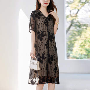 源头工厂桑蚕丝真丝刺绣连衣裙女夏季轻奢高级感宽松显瘦6962