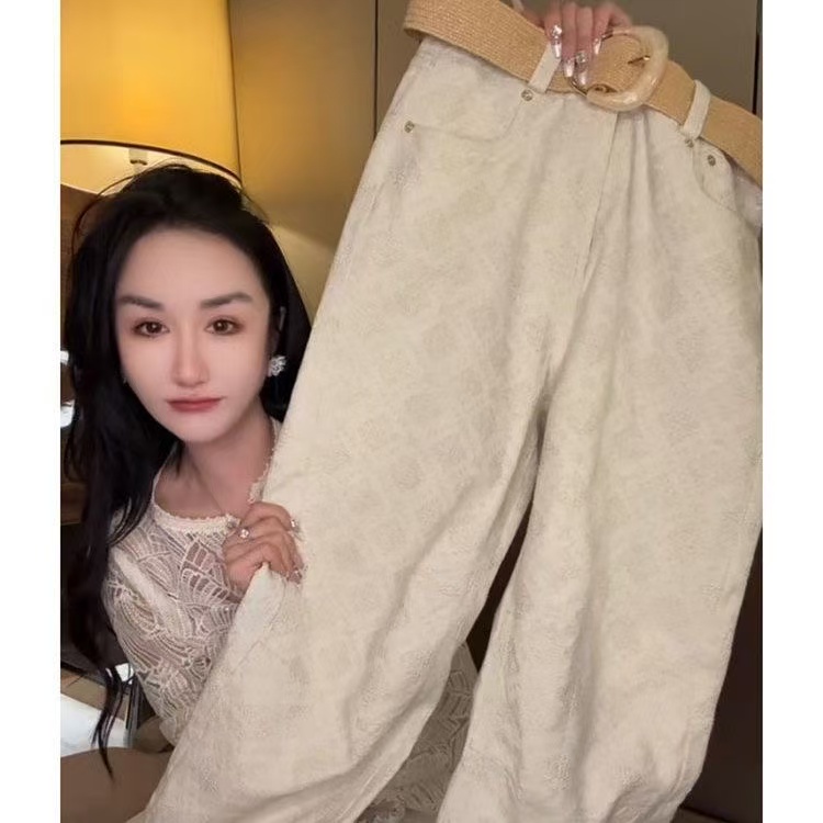 欧货提花弯刀牛仔裤大码梨形显瘦