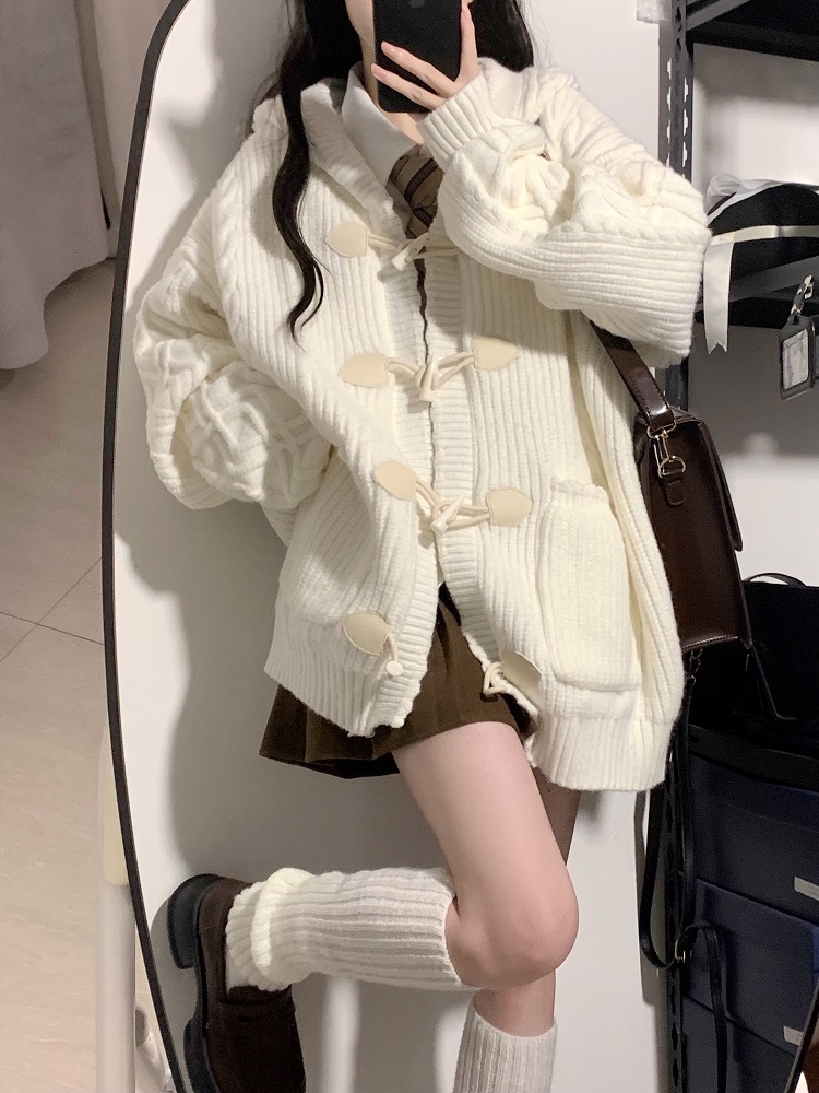 牛角扣连帽毛衣慵懒开衫学院风