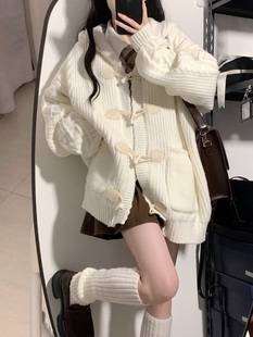 外套女冬 原創(chuàng)牛角扣學(xué)院風(fēng)毛衣連帽寬松加厚慵懶開(kāi)衫 神仙club