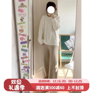 女秋冬綿羊絨垂感直筒休閑褲 神仙club 新款 百搭日常針織闊腿褲 子