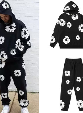 DENIM TEARS木棉花发泡印花经典宽松运动休闲连帽卫衣长裤套装男