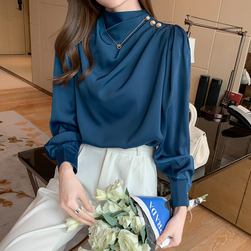 2026春秋高档缎面泡泡袖女雪纺衫