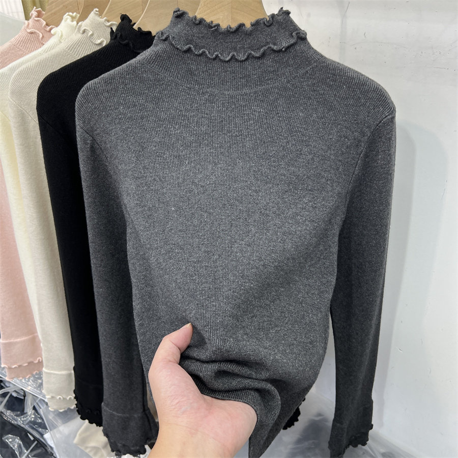 灰色双层木耳边半高领女针织衫