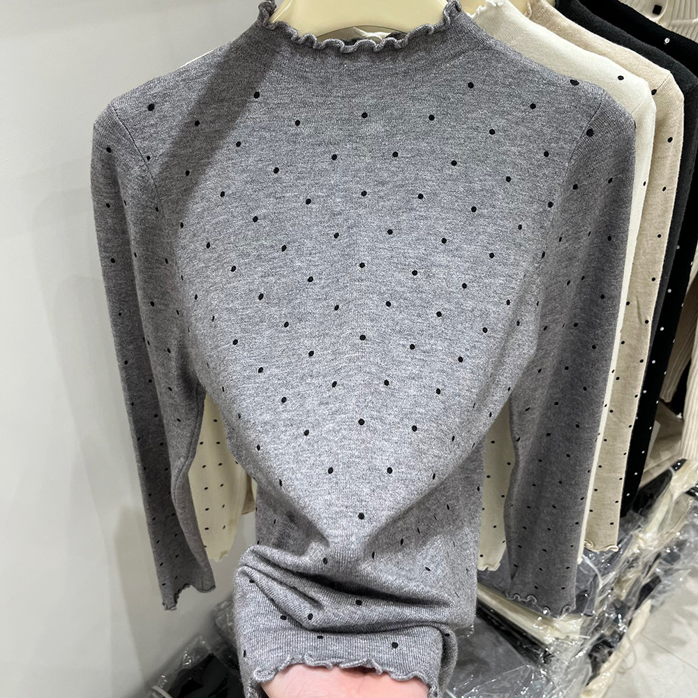 早秋木耳边半高领波点毛衣女