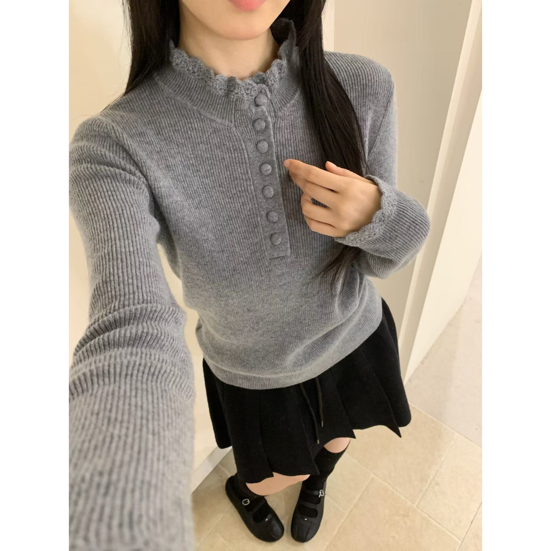 韩系灰花边半高领针织打底衫女